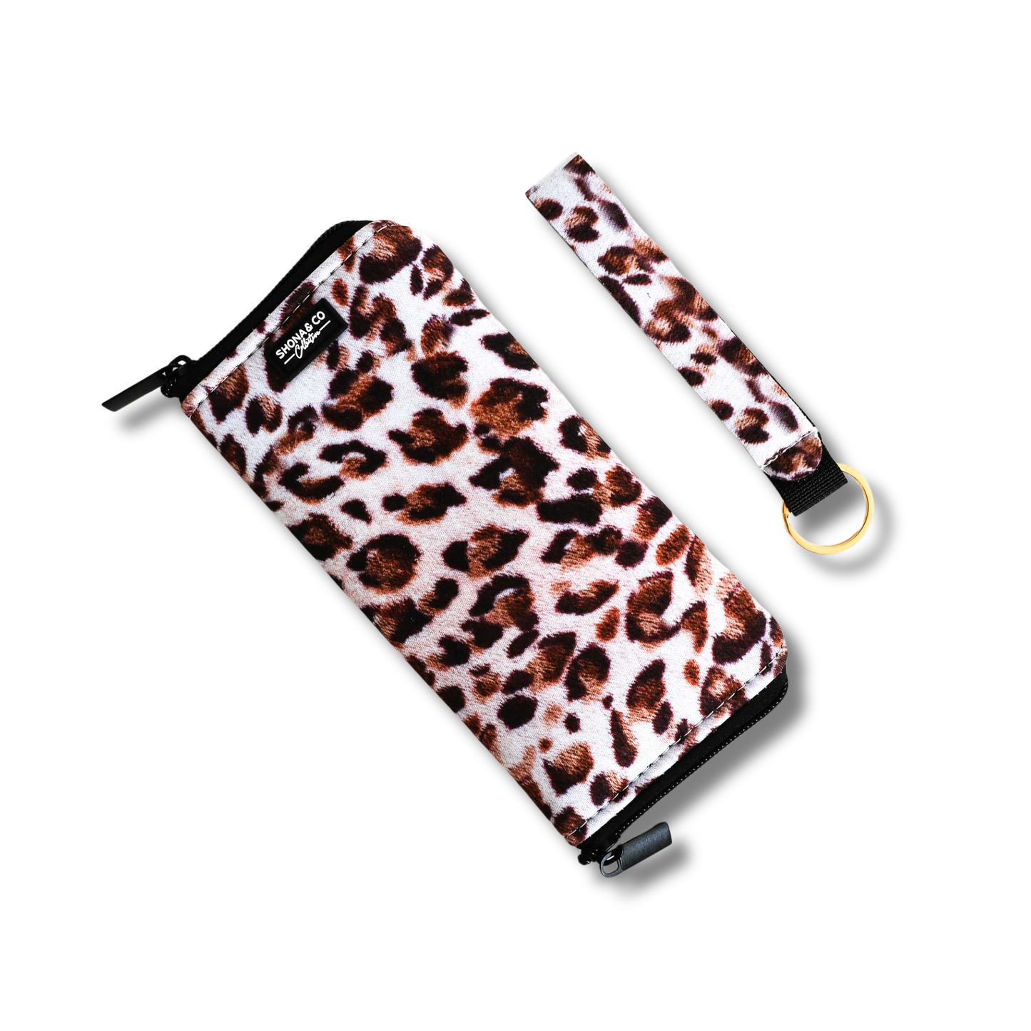 Leopard print pouch with wrist strap on a white background