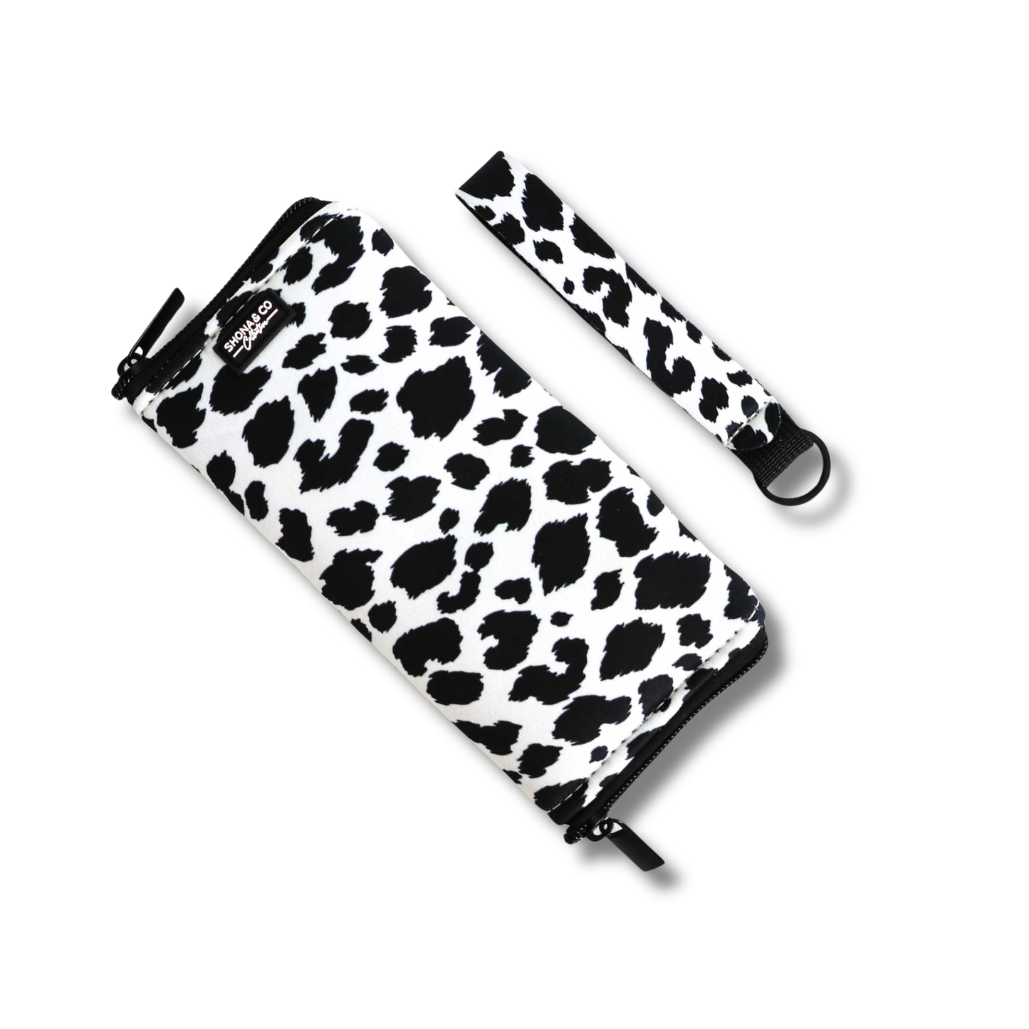 Cow print pouch with a white background
