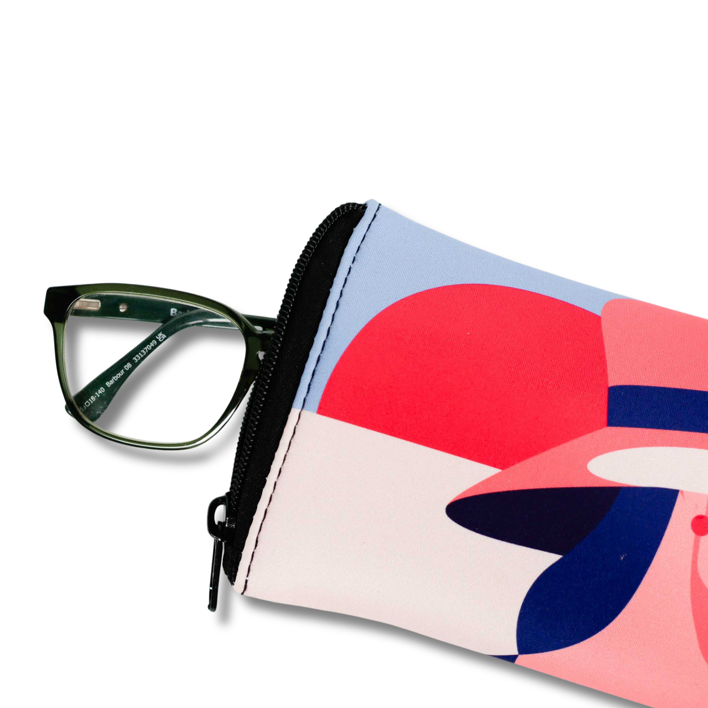 Glasses in a colorful pouch with abstract design on a white background
