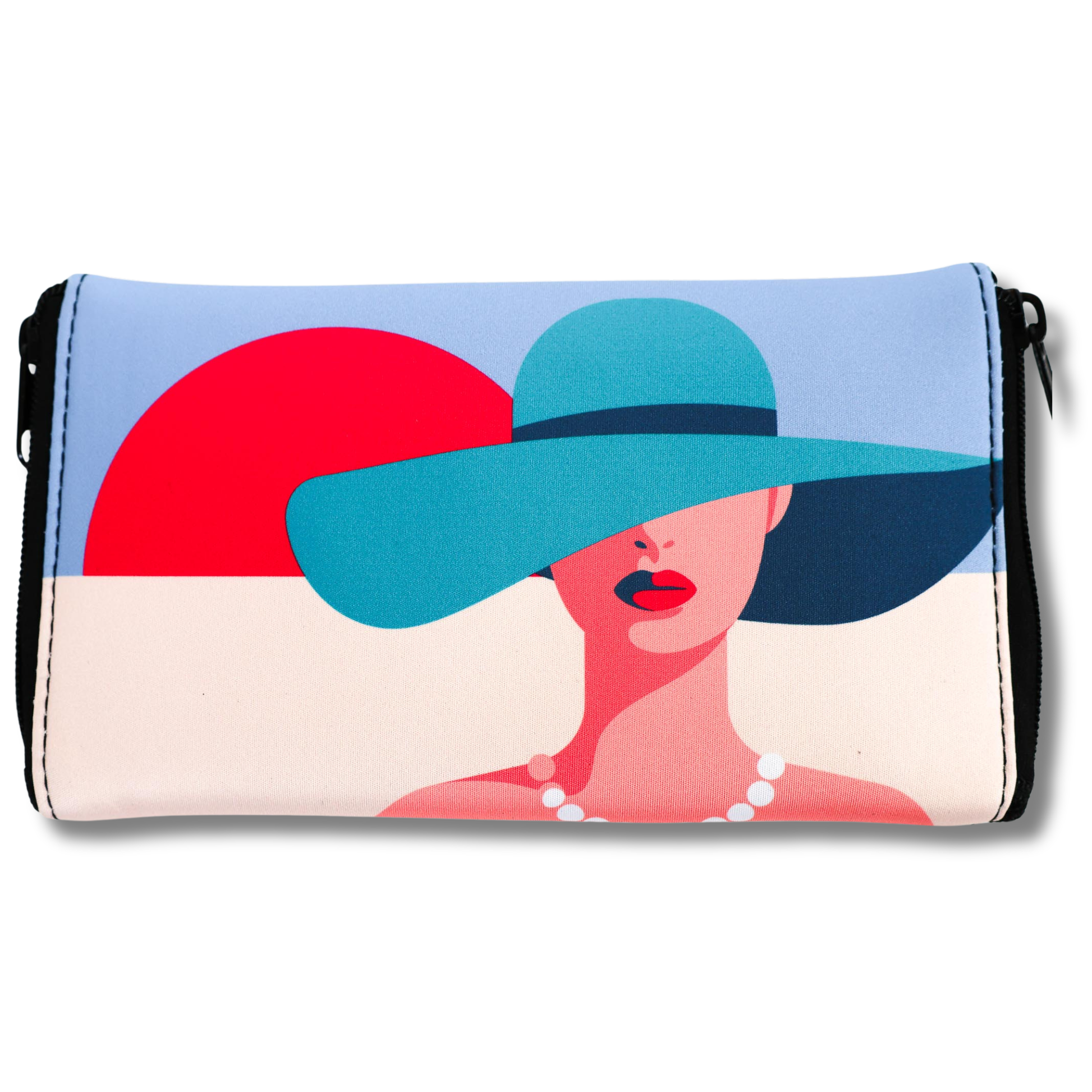 Clutch bag with a colorful design of a woman wearing a large hat on a white background