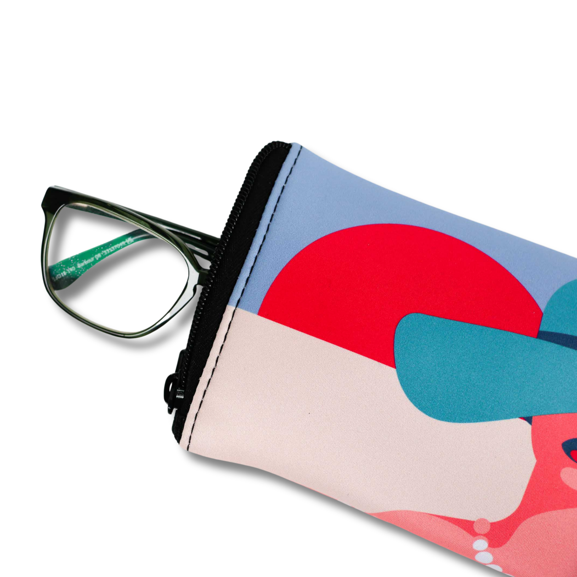 Colorful case with a pair of glasses on a white background