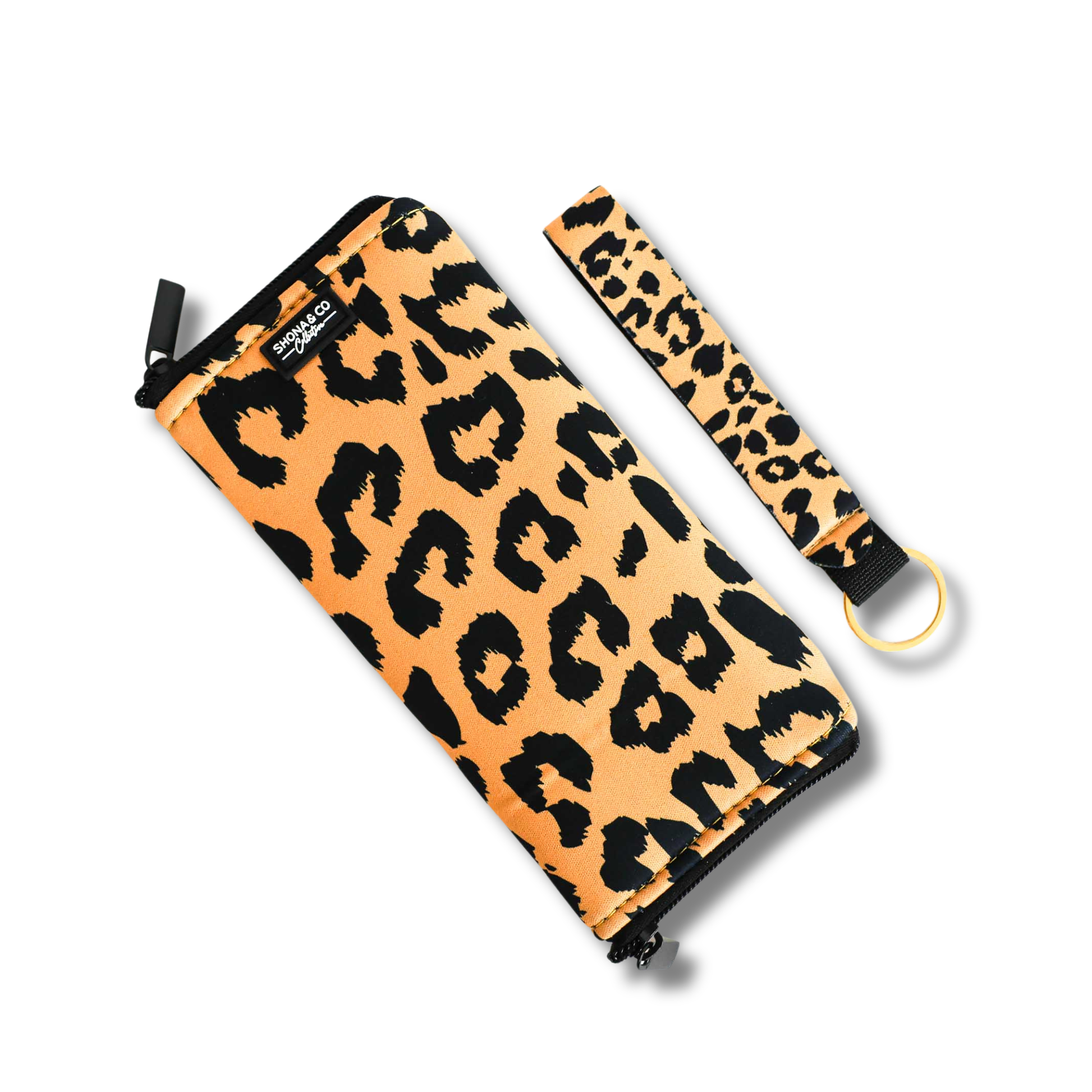 Leopard print pouch with matching strap on a white background