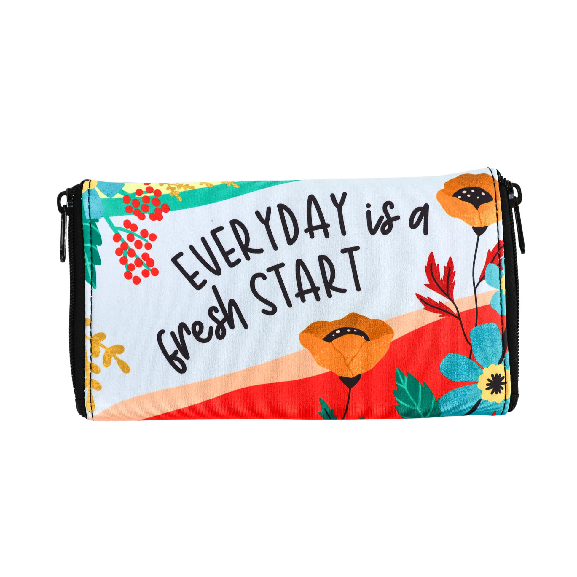 Pouch with floral design and 'Everyday is a fresh start' text on a white background