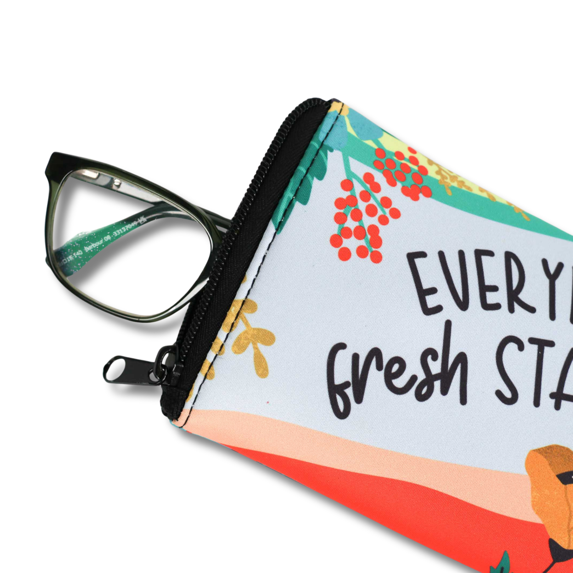 Eyeglasses in a pouch with floral design and text on a white background