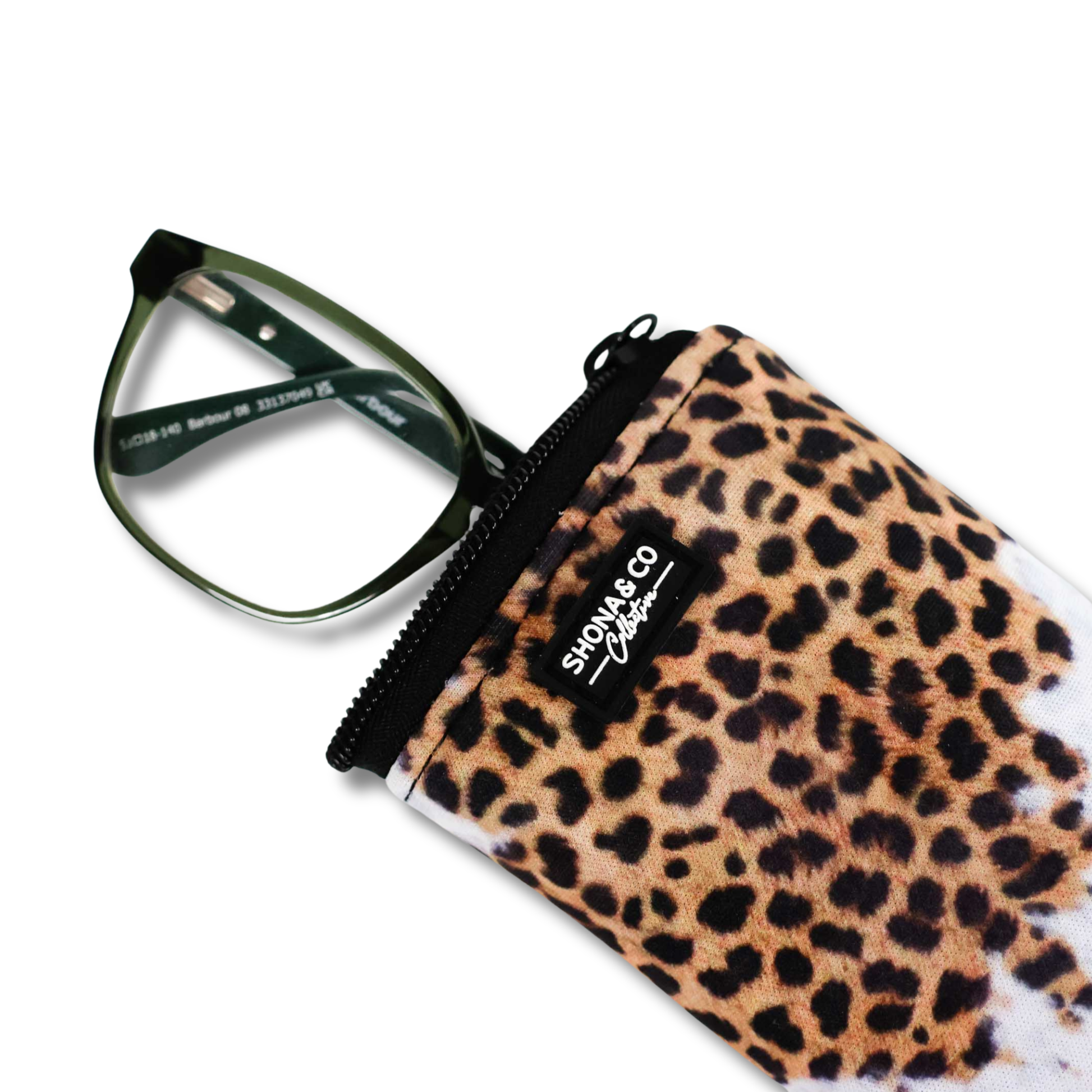 Leopard print glasses case with a pair of glasses on a white background