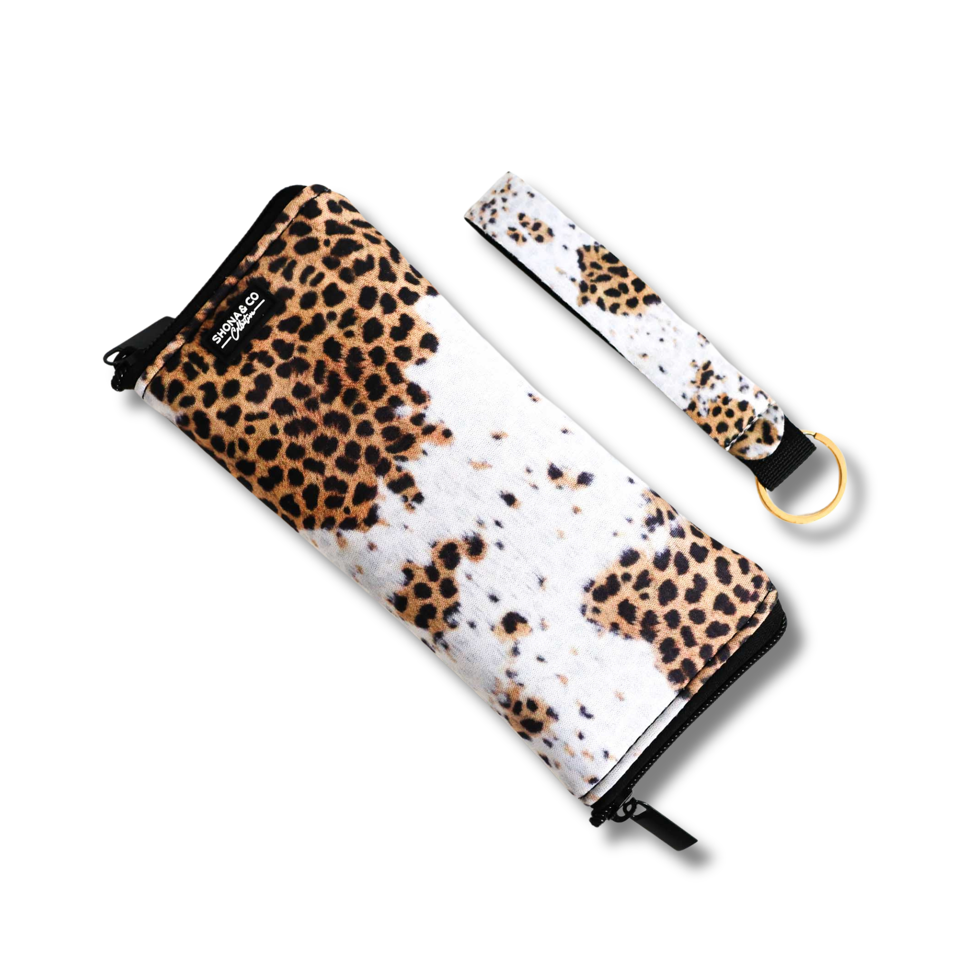 Leopard print pouch with matching strap on a white background