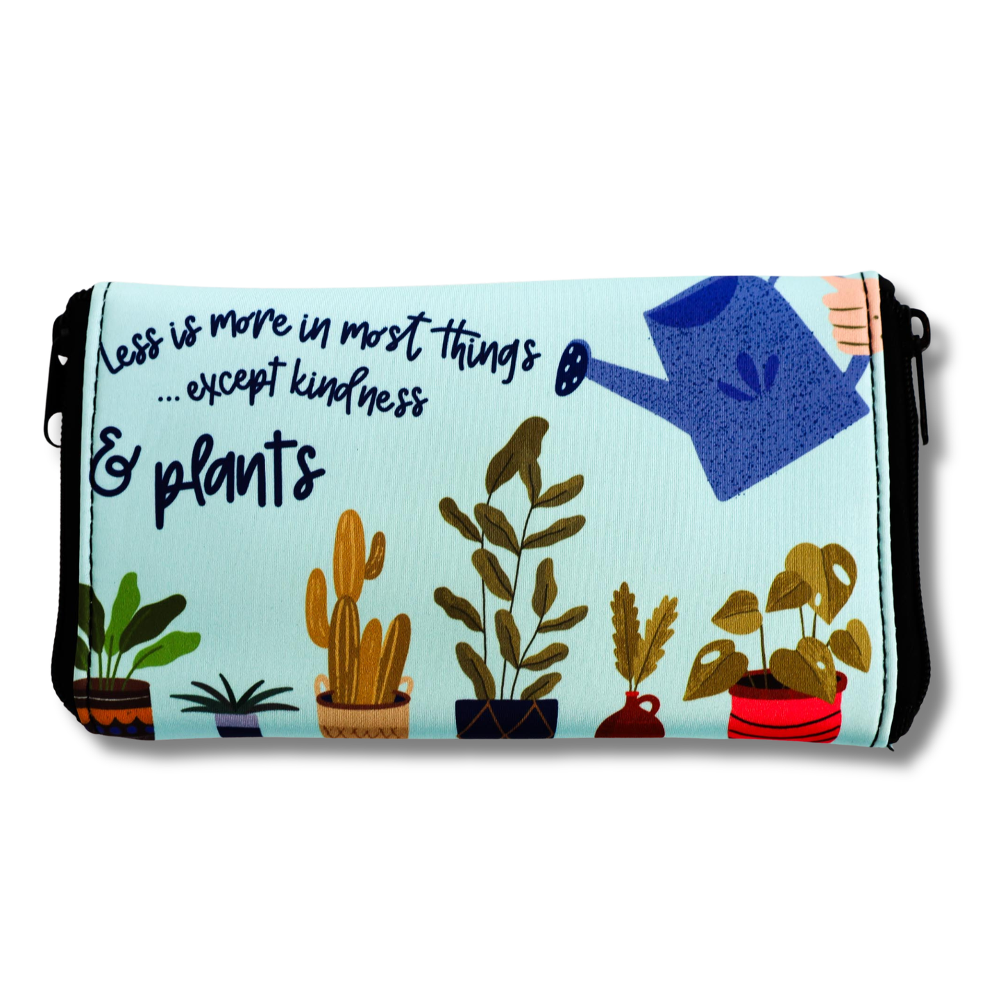 Glasses Pouch with plant designs and a quote on a light blue background