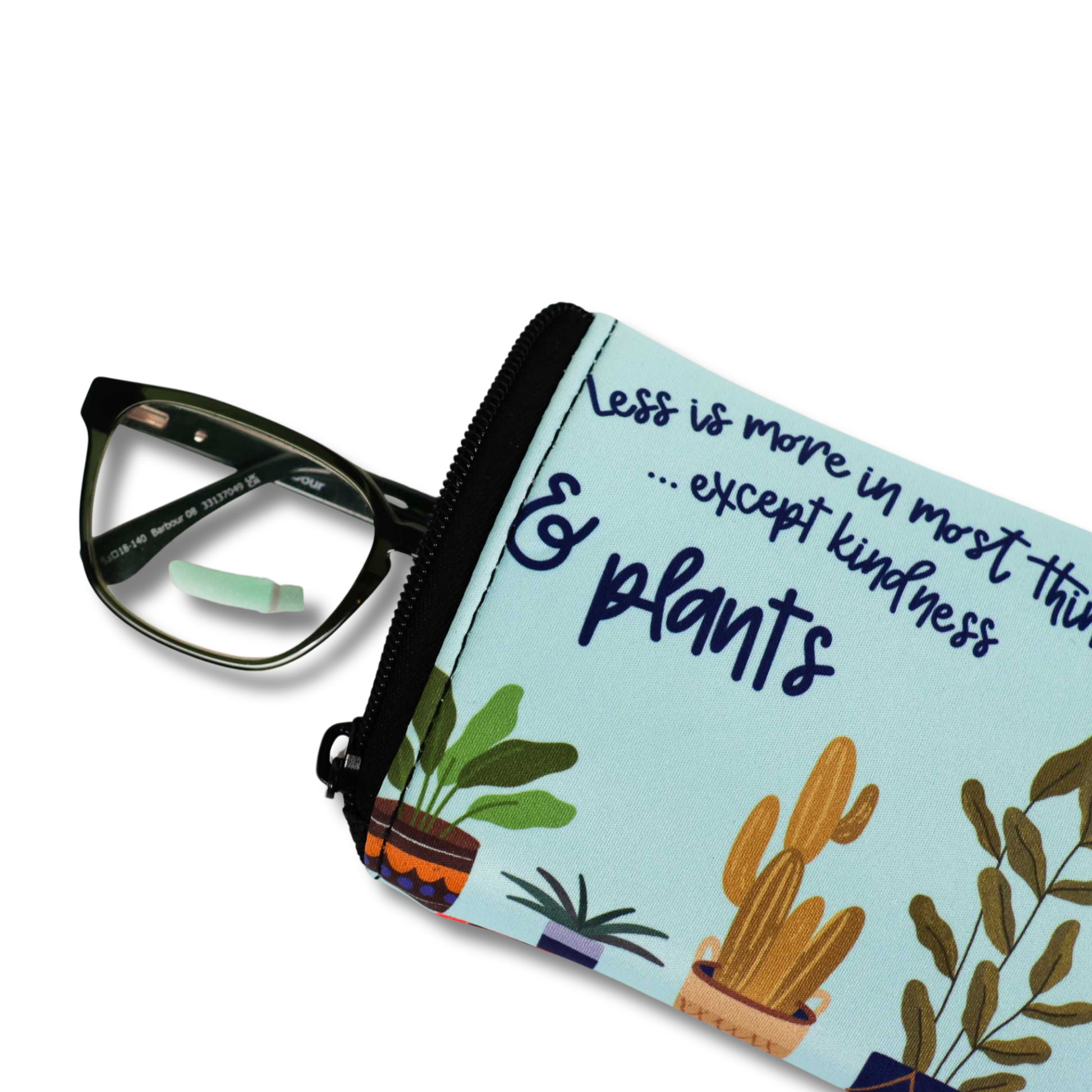 Eyeglasses in a plant-themed pouch with text on a white background