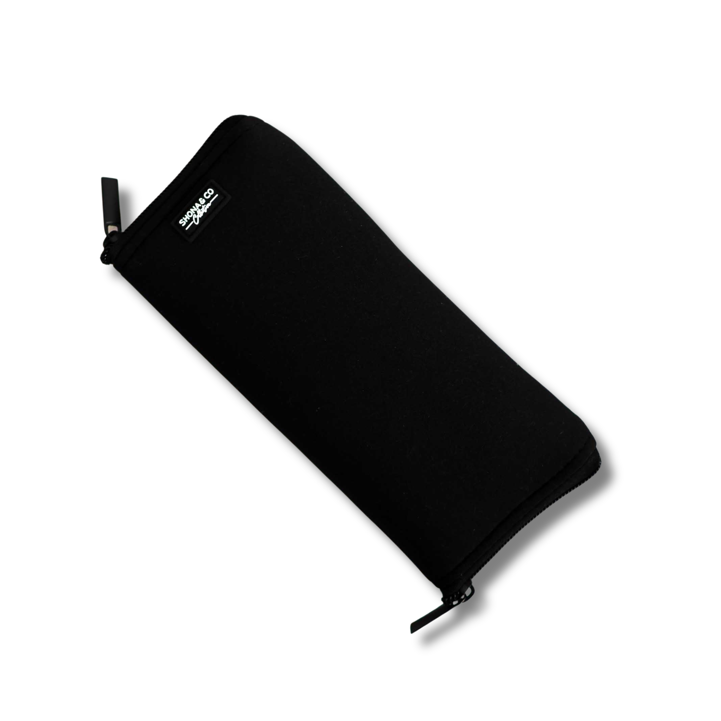 Black zippered pouch on a white background