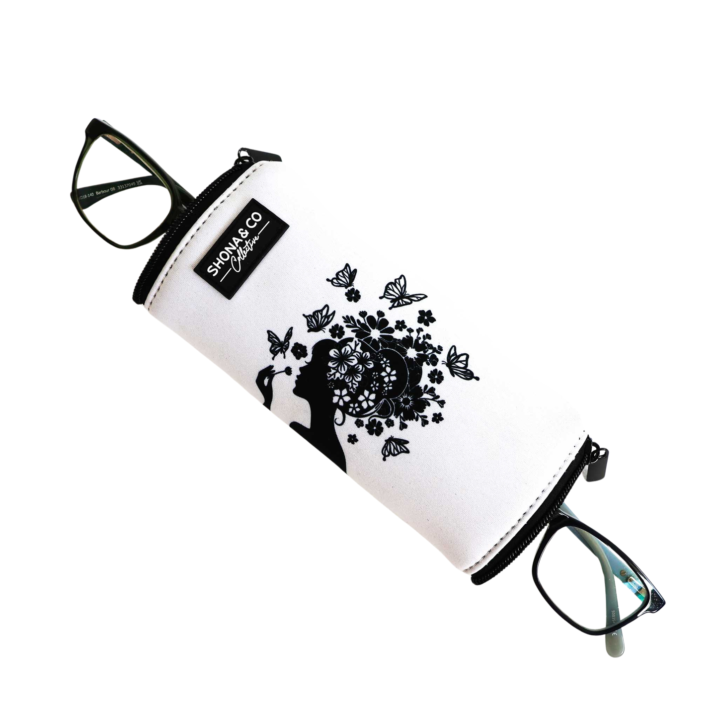 Eyeglass case with black butterfly design on a white background