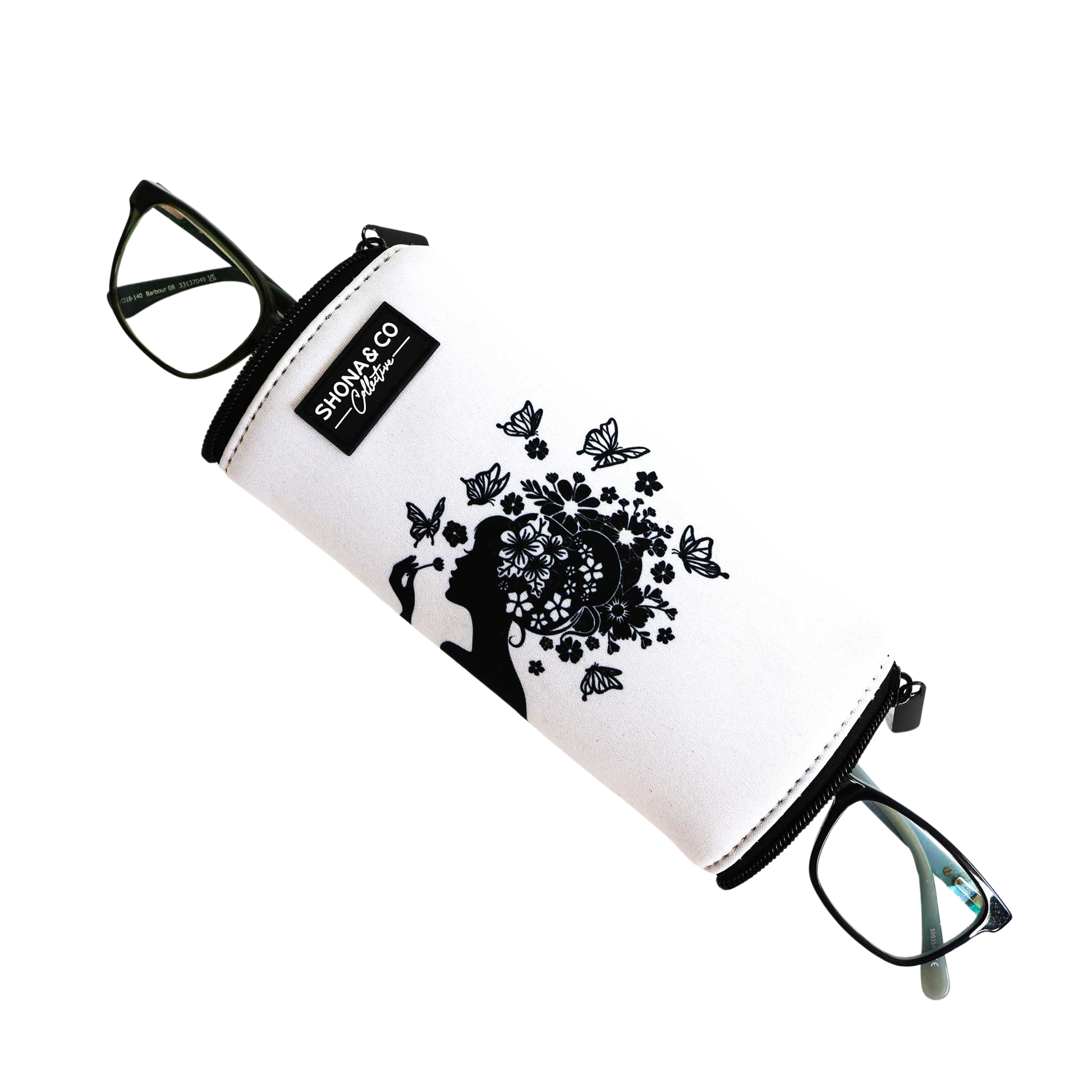 Eyeglass case with black butterfly design on a white background