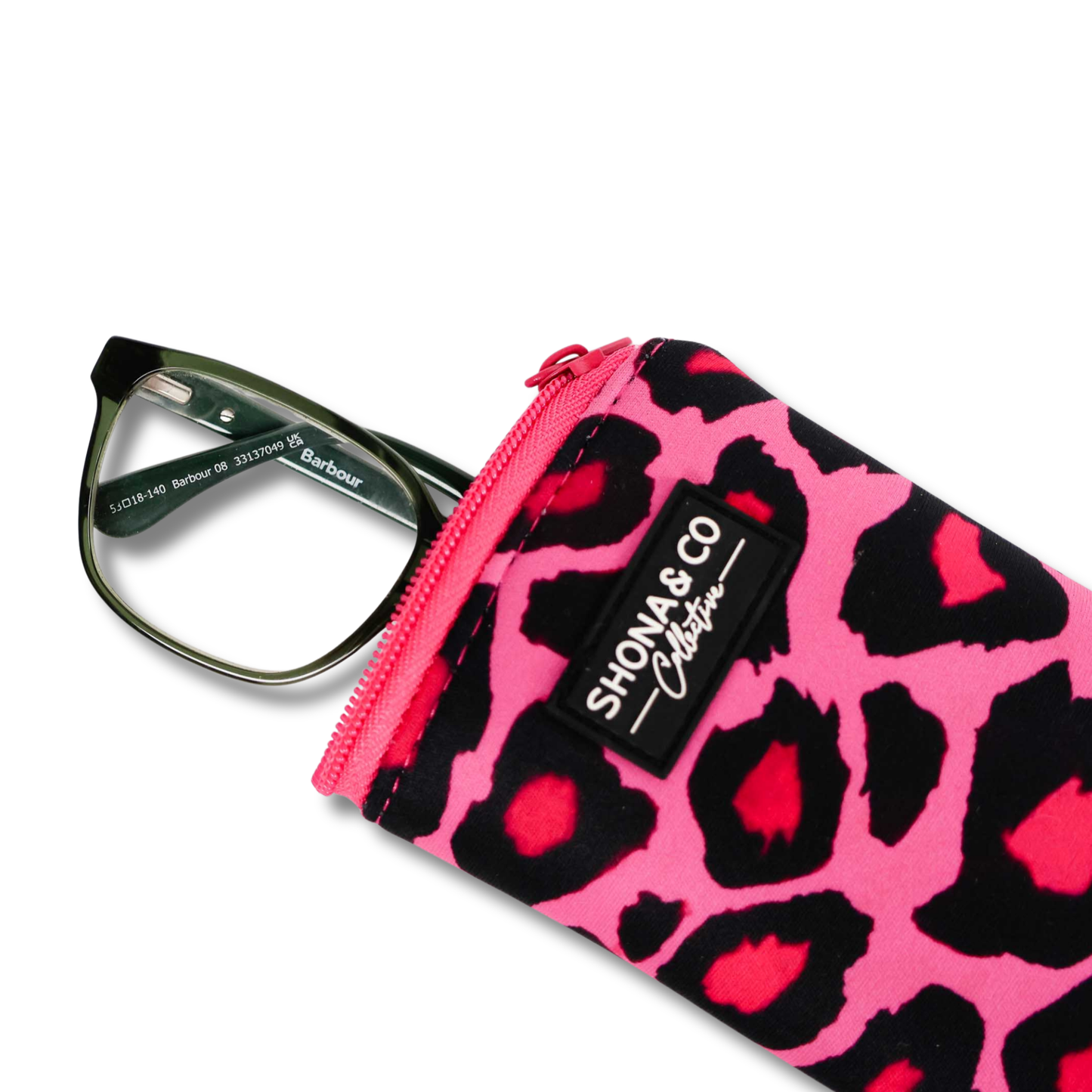Pink leopard print case with glasses and Shona & Co. branding on a white background