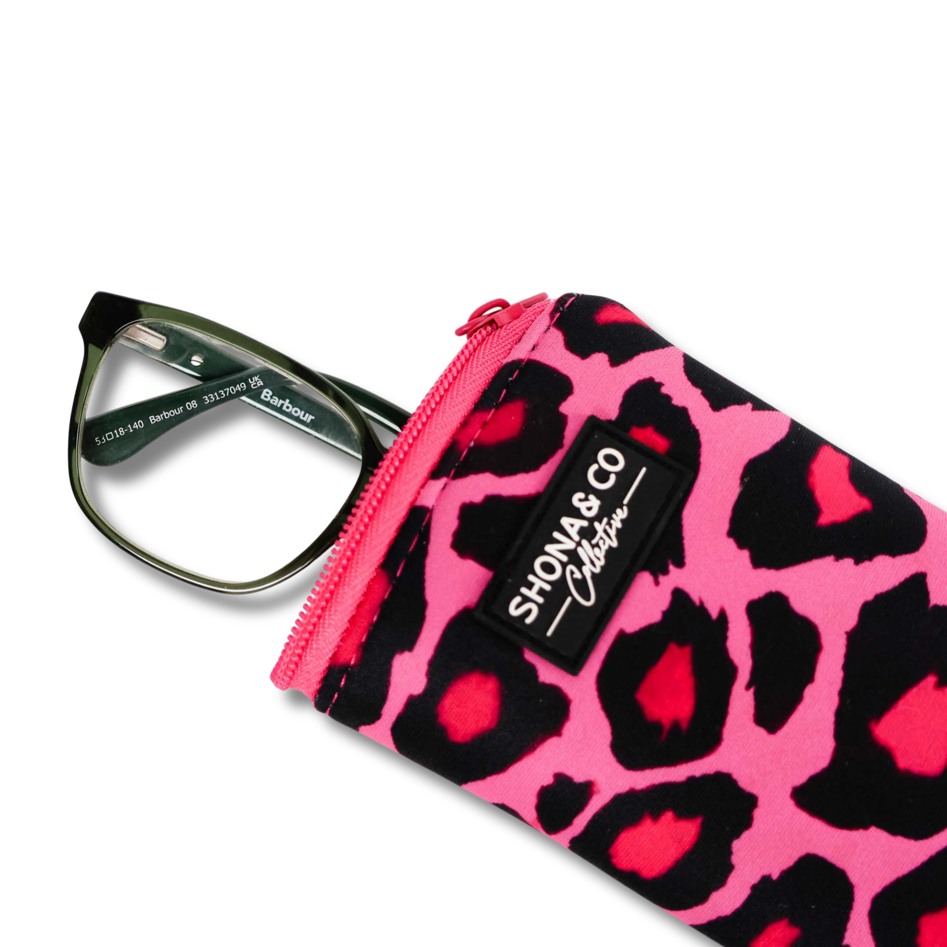 Pink leopard print case with glasses and Shona & Co. branding on a white background